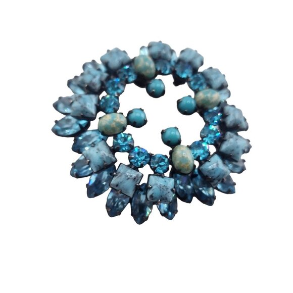 Signed Schreiner NY Turquoise Matrix Glass and Rhinestone Layered Brooch (A4944) - Picture 2 of 7